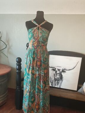 Green Paisley Halter Maxi Dress with Multicolor Accents